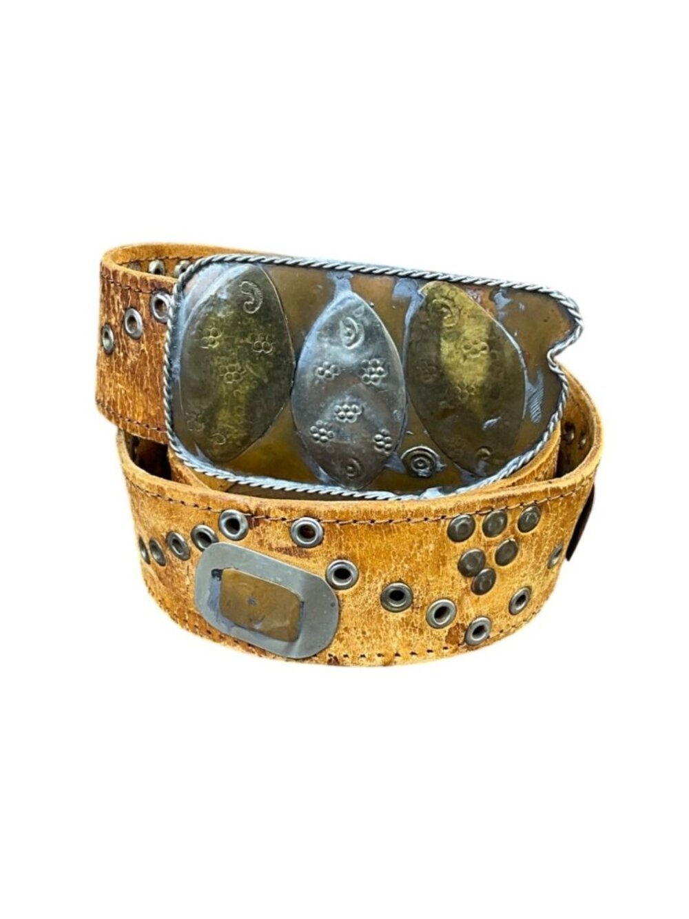 Distressed Brown Leather Belt Vintage  With Metal Studs & Fish Design Buckle